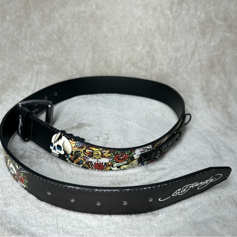 Ed Hardy Men's Leopard Skull Print Belt Black With Pyramid Rivet Studs Size 38
